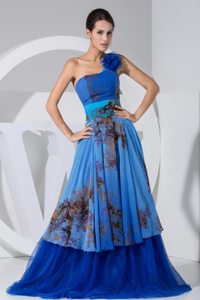 One Shoulder Printing Blue Prom Dress for Girls Brush Train