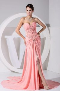 Brush Train Ruched Beaded Pink Prom Evening Dress for Summer