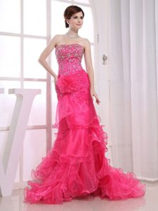 Cute Strapless Beaded Hot Pink Prom Dress with Ruffled Layers
