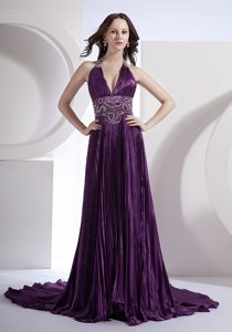 Halter Beaded Pleated Prom Evening Dress in Purple Brush Train