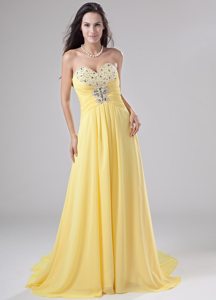 Plus Size Brush Train Rhinestones Yellow Long Prom Dress