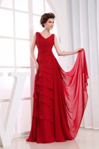 Ruched V-neck Chiffon Floor Length Prom Cocktail Dress in Wine Red