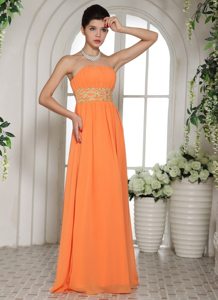 Orange Strapless Long Chiffon Prom Party Dress with Beading Ruches