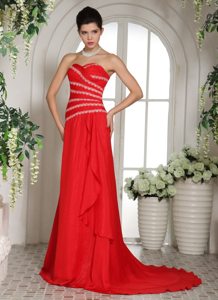 Beaded Red Column Chiffon Prom Party Dress with Brush Train 2014