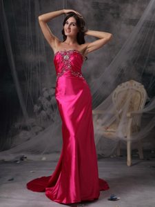 Hot Pink Watteau Train Prom formal Dress with Beading and Ruches