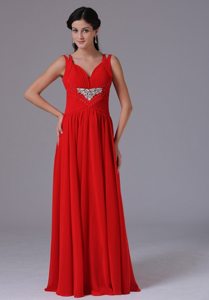 Red Empire V-neck Prom formal Dress with Beading and Ruches 2014