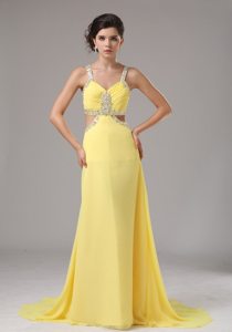 Beaded and Ruched Yellow Straps Prom Pageant Dress Criss Cross