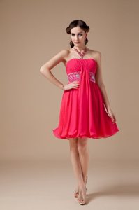 Ruched and Beaded Mini Strapless Prom Pageant Dress in Coral Red