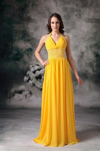 Beading and Ruches Accent Halter Prom Pageant Dresses in Yellow