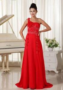 Appliqued and Beaded One Shoulder Red Chiffon Prom Pageant Dress