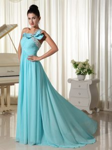 Beaded One Shoulder Aqua Blue Brush Prom Homecoming Dresses 2014