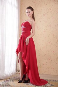 Beaded and Ruched Red Chiffon Prom Celebrity Dress of Sweetheart