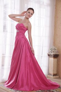 Beading and Ruches Accent Brush Prom Celebrity Dress in Rose Pink