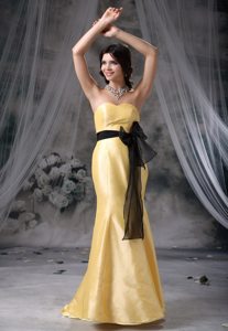 Yellow Mermaid Brush Train Prom Graduation Dress with Black Sash
