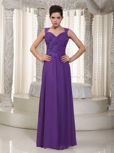 Purple Straps Appliques Ruches Prom Holiday Dress of Floor Length