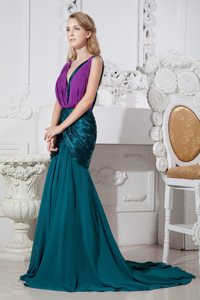Peacock Green and Purple V-neck Prom Gown Dresses with Ruches