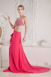 Unique Straps Beading Court Train Prom Pageant Dress in Hot Pink
