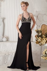 Beaded Black Brush Prom Pageant Dresses of Halter and High Slit