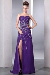 Purple Column Brush Prom Pageant Dress with High Slit and Beading