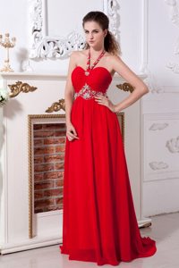 V-neck Brush Empire Red Prom Pageant Dress with Beading and Ruches