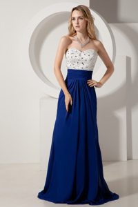 White and Royal Blue Brush Prom Celebrity Dress with Rhinestone