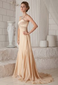 Beaded Champagne Chiffon Prom Celebrity Dress with Brush Train