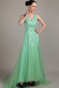 stylish Apple Green V-neck Beaded Prom Celebrity Dress Tulle Brush Train