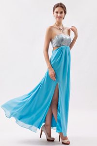 Aqua Blue Chiffon Sequins Prom Celebrity Dress of Ankle Length