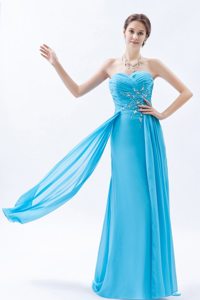 Beaded and Ruched Long Chiffon Prom Celebrity Dress in Aqua Blue