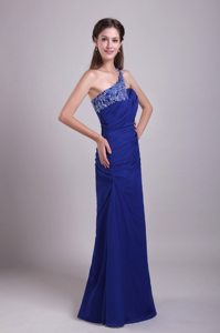 Blue One Shoulder Prom Graduation Dress with Appliques and Ruches
