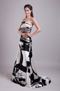 Ruched and Beaded Printing Prom Graduation Dress with Brush Train
