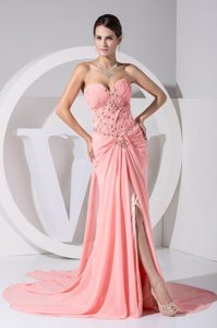 Jewelry Decorate Prom Dresses with High Slit and Watteau
