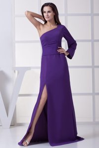 Popular Purple One Long Sleeve Prom Celebrity Dress High Slit Brush Train