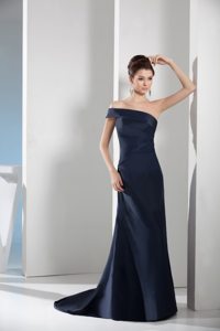 Navy Blue Prom Evening Dresses Asymmetrical Shoulder with Side Zipper