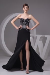 Sheath Black Brush Prom Gown Beading and High Slit Decorated