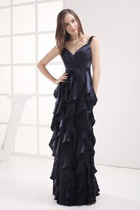 Gorgeous Navy Blue V-neck Prom Party Dress Ruffled Layers Floor-length