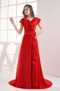 Amazing Red Zipper up V-neck Prom Gown Dresses Brush Train for Ipatinga