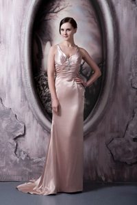 Satin V-neck Sweep Train Prom Bridesmaid Dress with Cutout Back in Style