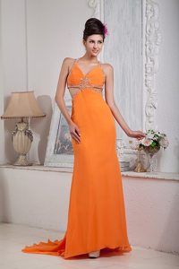 Sexy Orange Red Beading Halter Prom Evening Dress with Brush