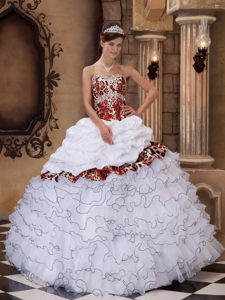 White Organza Quinceanera Gown Dresses with Beading Leopard Pint