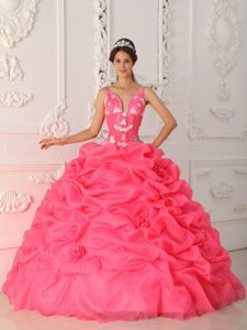 Watermelon Straps Quinceanera Gown Dresses with Pick ups Appliques