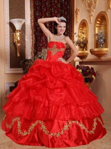 Gold Appliques and Pick ups Accent on Red Quinceanera Gown Dress