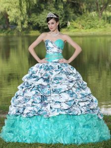 Latest Print Dress for Quinceanera Sweetheart with Ruffles Sweep Train