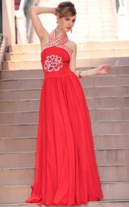 Coral Red A-line Halter Top Sleeveless Chiffon Floor Length Side Zipper Embroidery Prom Gown