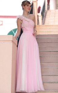 One Shoulder Floor Length Hot Pink Chiffon Sleeveless Beading and Hand Made Flower