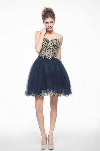 Lovely Navy Blue A-line Appliques Dress for Prom Side Zipper Organza Sleeveless Mini Length