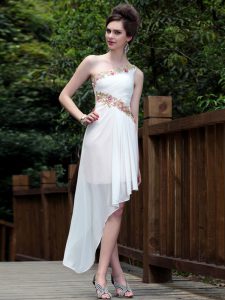 One Shoulder White Side Zipper Evening Dress Appliques Sleeveless Ankle Length