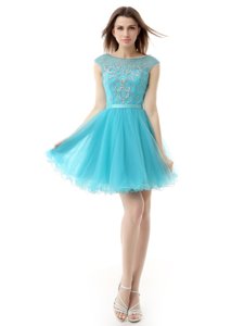 Bateau Sleeveless Zipper Prom Dresses Aqua Blue Organza