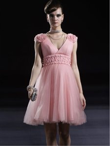 Glorious Baby Pink Column/Sheath V-neck Sleeveless Tulle Knee Length Zipper Appliques Prom Party Dress