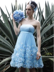 Colorful Baby Blue A-line Organza Strapless Sleeveless Beading and Ruching Knee Length Backless Evening Dress